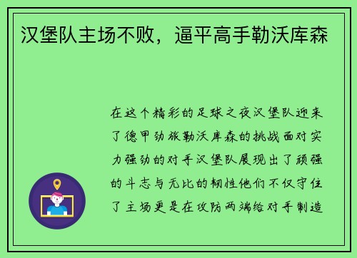 汉堡队主场不败，逼平高手勒沃库森