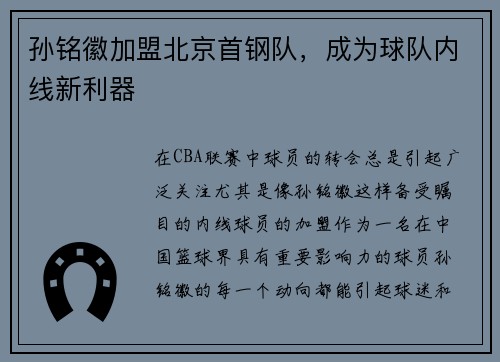 孙铭徽加盟北京首钢队，成为球队内线新利器